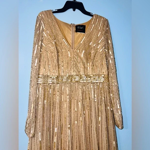 MAC DUGGAL Gold Sequined V Neck Illusion Sleeve A Line Gown Style # 4977 - Picture 3 of 4